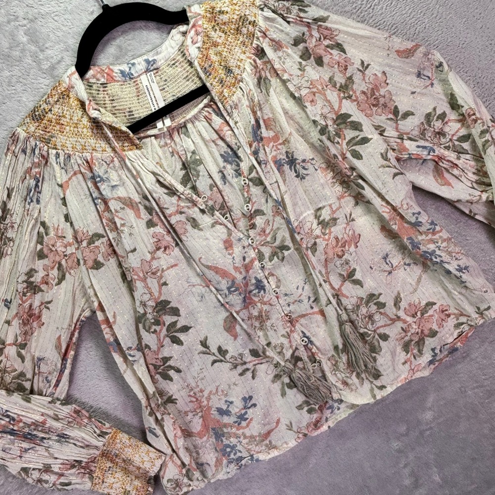 Anthropologie Women Blouse Sz XS Cream Floral Smocked Metallic Tassel Boho Top